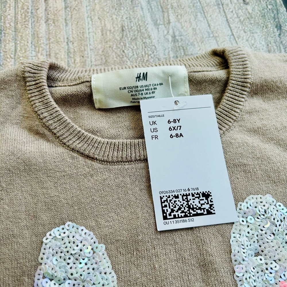 H&M size 6-8yrs Tan & Pink Bunny Fine Knit Sweater Top With Sequins & Bow, NWT - Picture 3 of 5